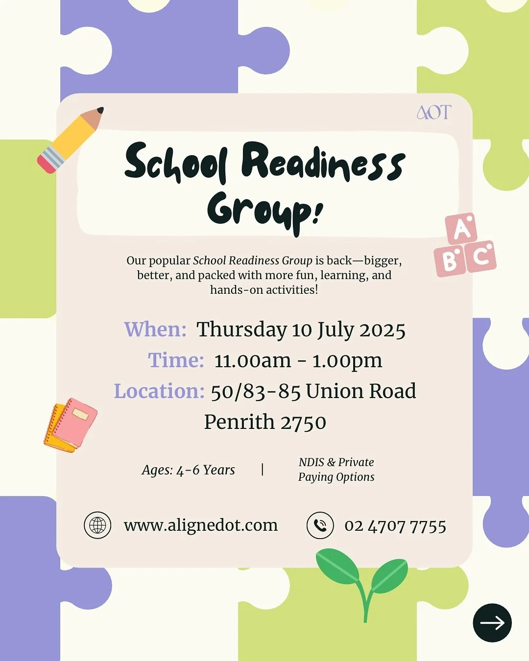 School Readiness Group at Aligned Occupational Therapy 🧩🖍️🙋&zwj;♂️🙋&zwj;♀️

Booking Options:
➡️ Link to Bio 
🌐 www.alignedot.com
📧 admin@alignedot.com
📞 (02) 4707 7755

#schoolreadiness #schoolholidays #holidays #kindergarten #readyforschool #