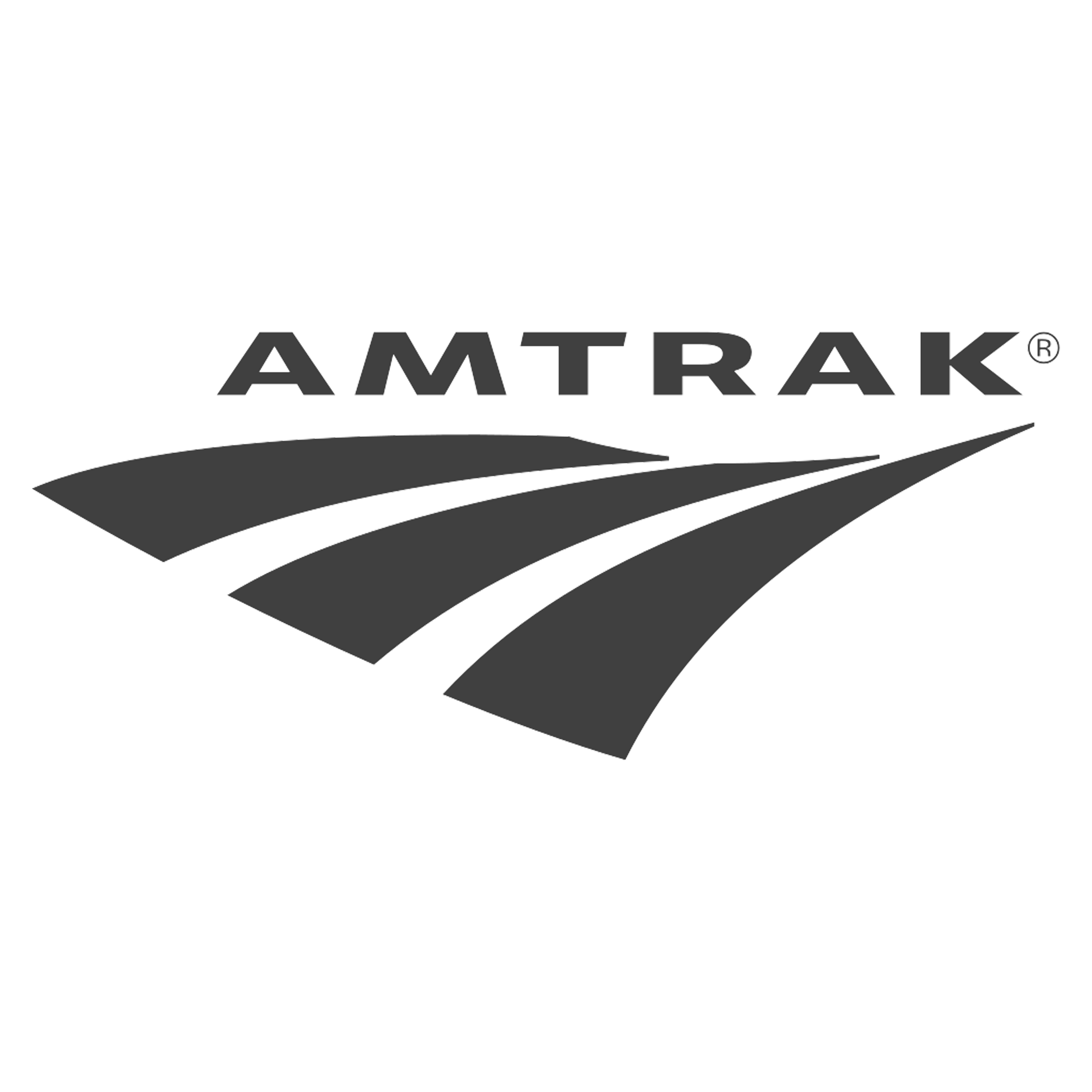 Black and gray logo with the word 'AMTRAK' in bold, uppercase letters with a stylized swoosh underneath.