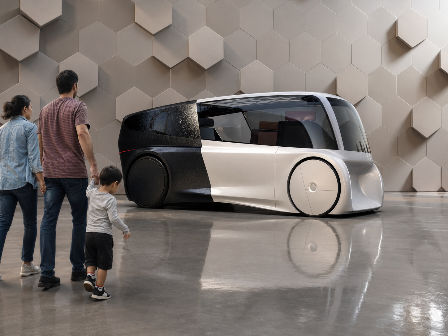 A futuristic self-driving concept vehicle designed by Oliver Winter, a design and innovation consultant. The image features a family of four walking towards the autonomous vehicle.