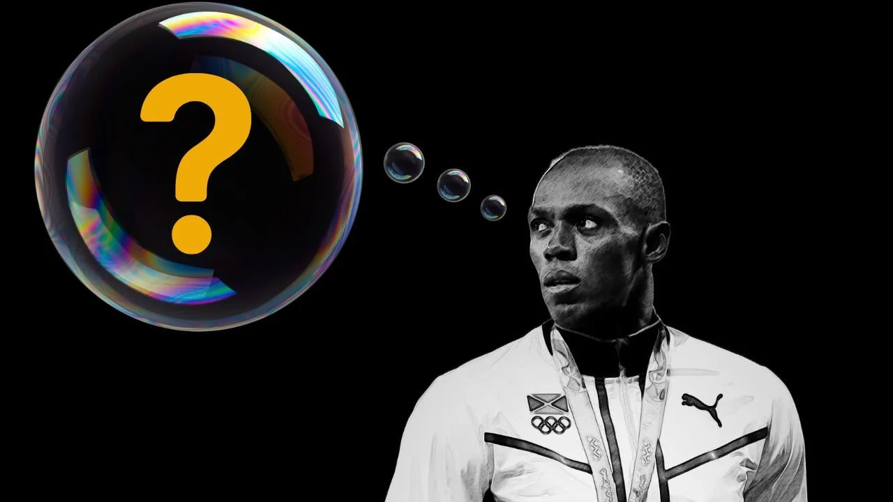 Olympic gold medalist, Usain Bolt with an image of a transparent bubble representing what he imagines with a question mark inside the bubble