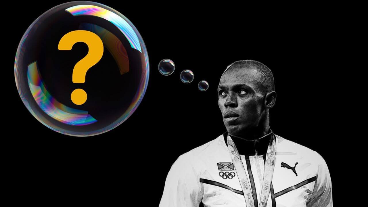 Olympic gold medalist, Usain Bolt with an image of a transparent bubble representing what he imagines with a question mark inside the bubble