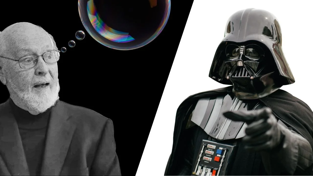 Hollywood film music composer, John Williams looking surprised with a transparent bubble representing what he images with an image of Darth Vader opposite