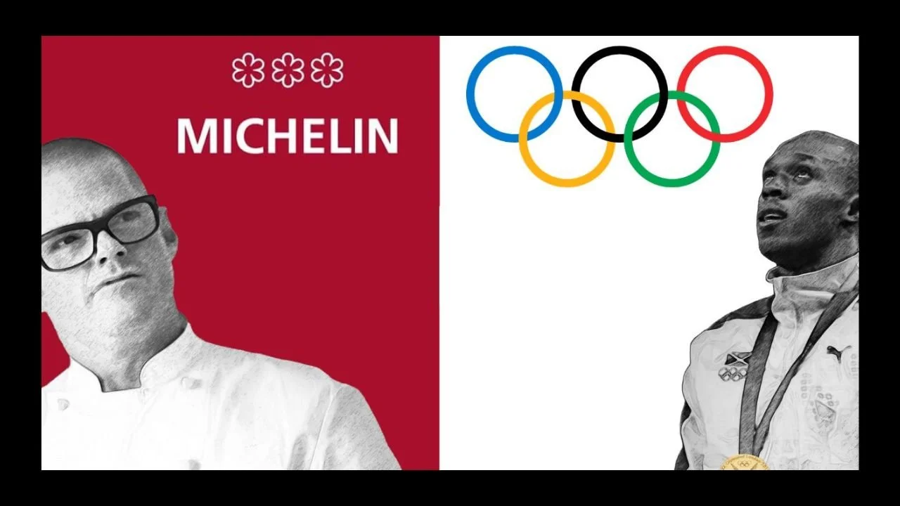Chef Heston Blumenthal looking at the three Michelin stars symbol and world record holding sprinter, Usain Bolt looking at the Olympic rings