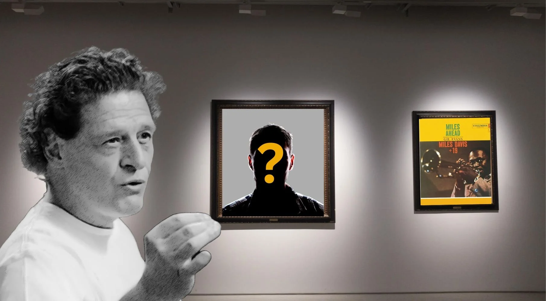 Image of an art gallery with two paintings. Michelin starred chef, Marco Pierre White holds one of the paintings which depicts the silhouette of a man with a question mark in front of his face. The other painting depicts jazz legend, Miles Davis.