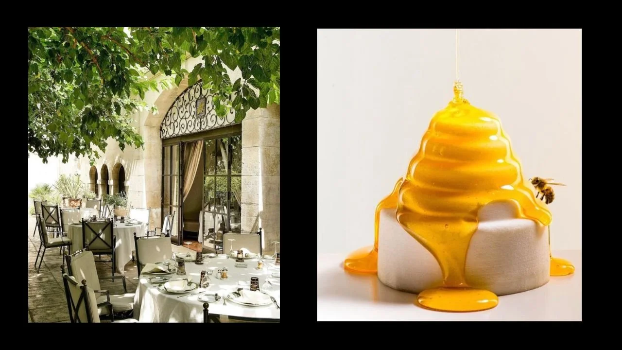 L'Oustau de Baumanière restaurant in France and an image of one their desserts