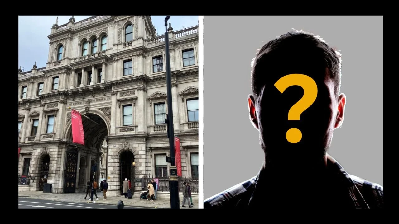 The Royal Academy of Arts in London and the silhouette of an unknown artist with a question mark obscuring his face