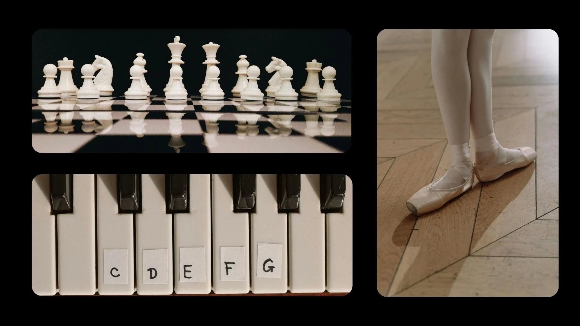 a piano keyboard with the names of the notes stuck on, a chess board and a ballet dancer learning one of the basic foot positions