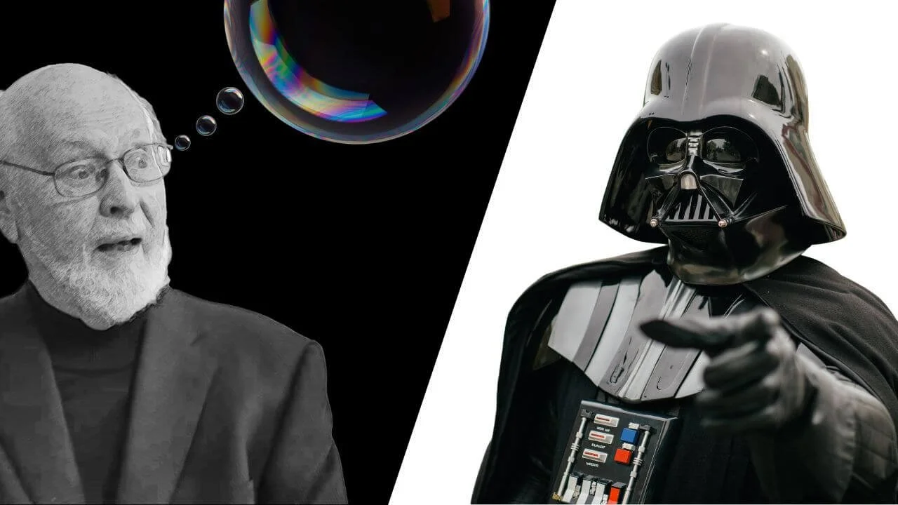 Hollywood film music composer, John Williams looking surprised with a transparent bubble representing what he images with an image of Darth Vader opposite