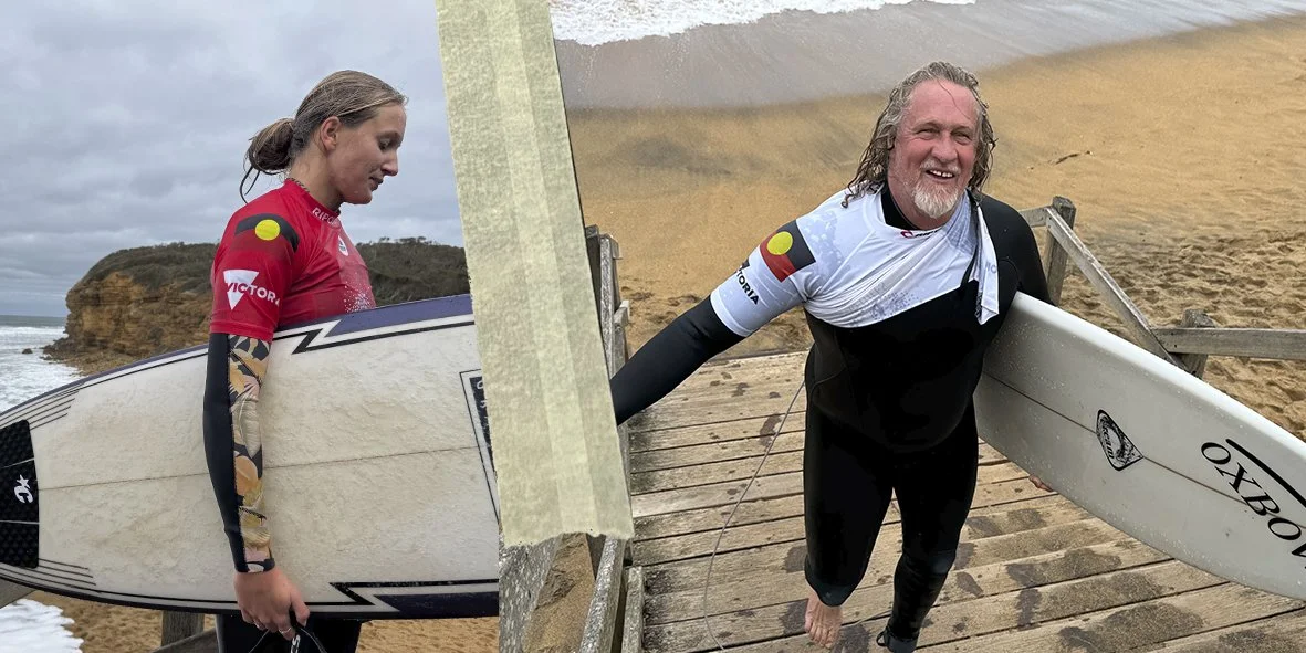 Two images at Bells Beach: Royal Indigenous Surfing ambassadors Meg Day and Robbie Page both with surfboards after competing in the National Indigenous Surfing titles.