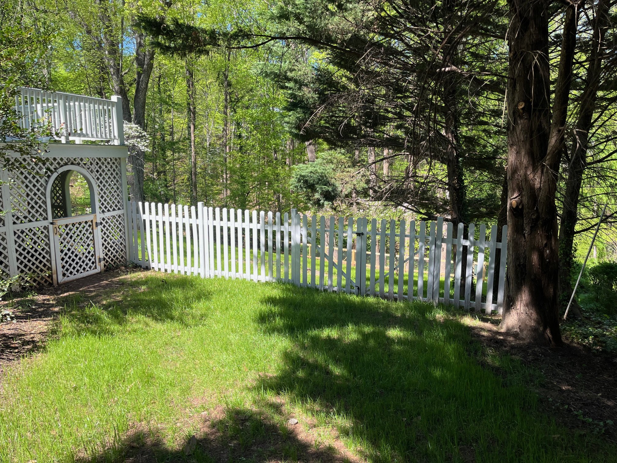Land transformation project in Charlottesville - after image. Built and installed custom fence and gates to complete the project