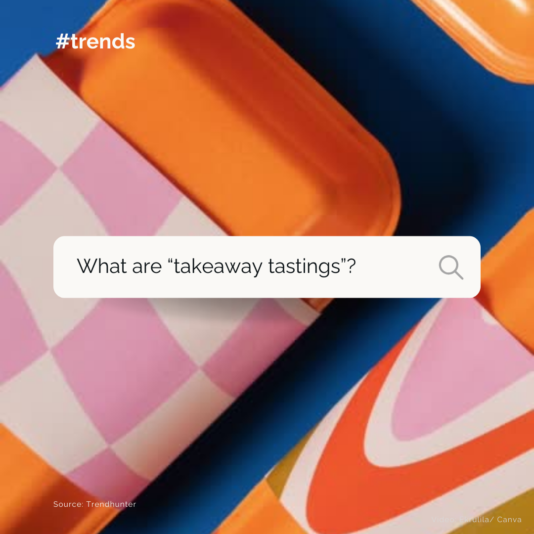 A video of orange takeaway boxes in colourful wrappers, against a blue background