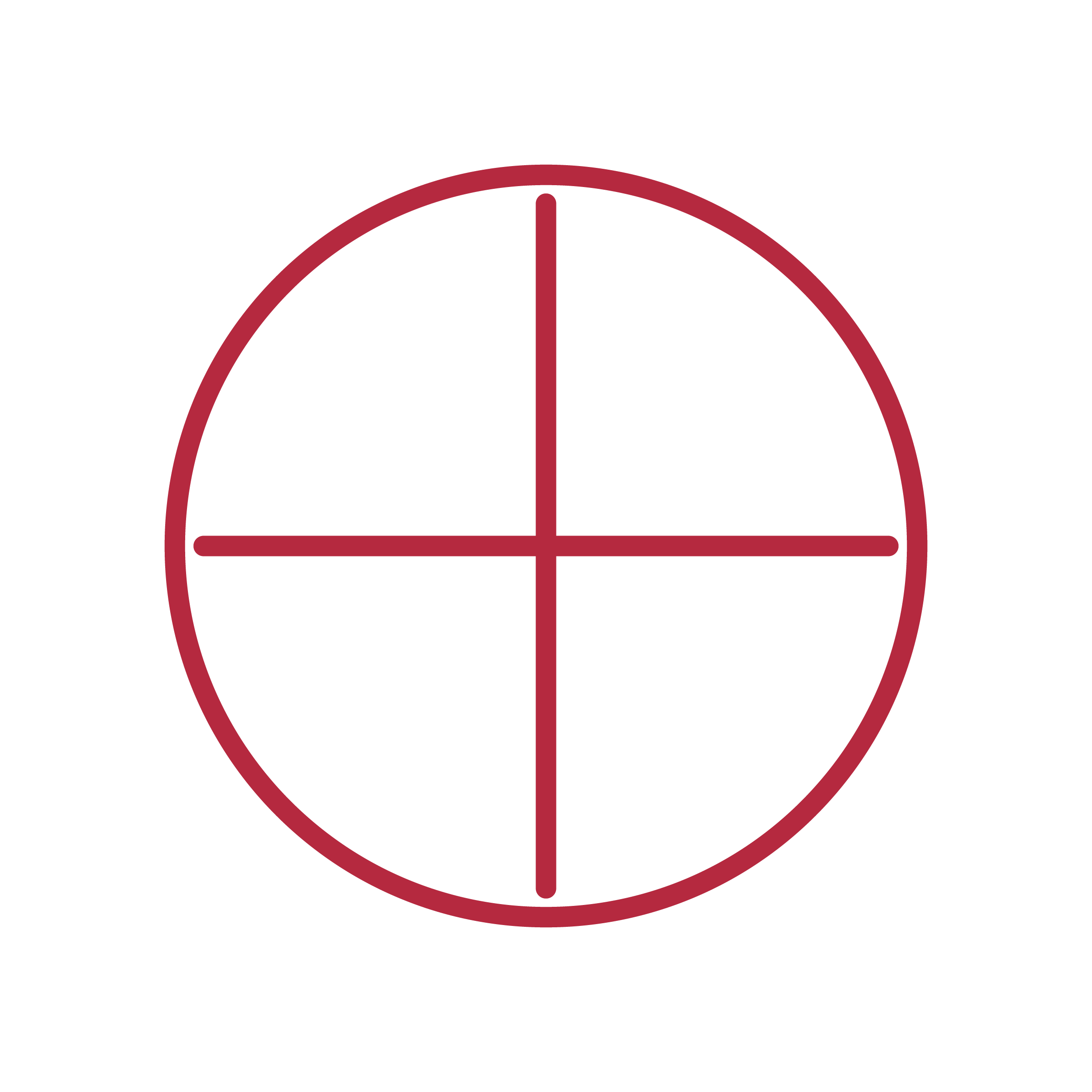 A white circular target with horizontal and vertical red lines dividing it into four quadrants, set against a black background.