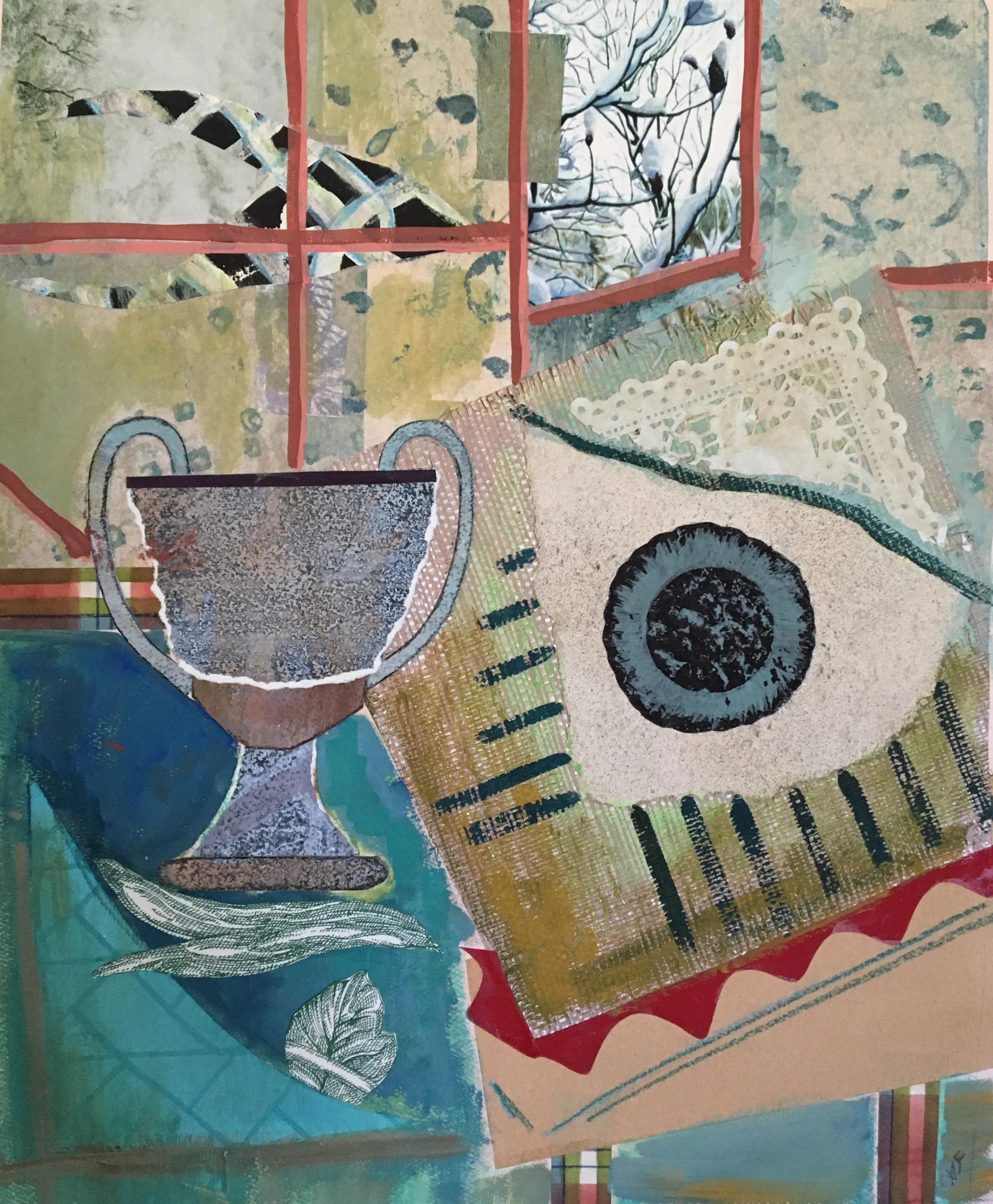 painted collage with Greek Kantharos vase