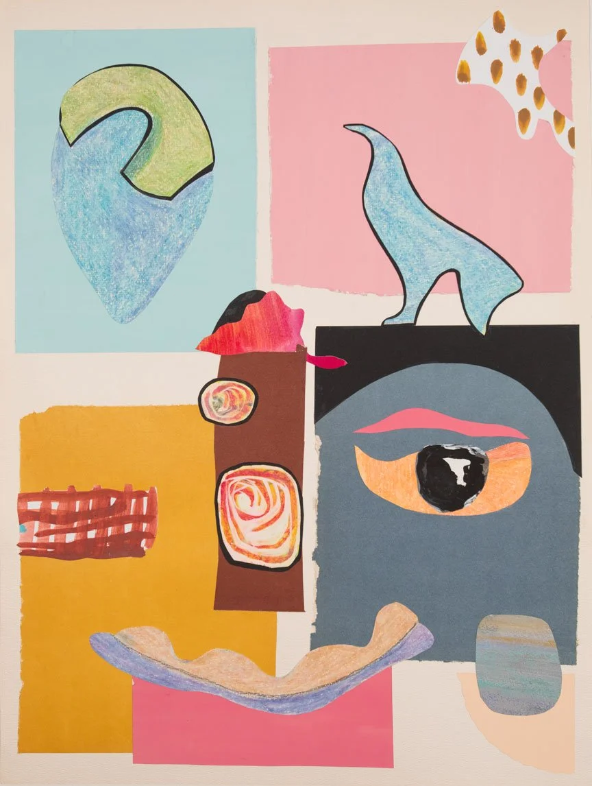 Abstract collage art with colorful shapes, including a large eye, a bird silhouette, an up-side-down egg, and various textured patches in pastel and bold colors.