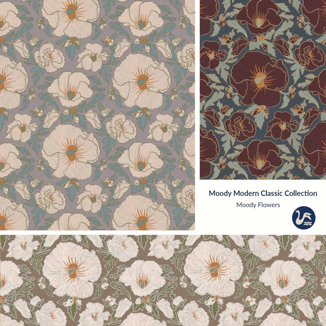 Dark moody heritage pattern sell sheet in maroon, camel, mustard, slate bue