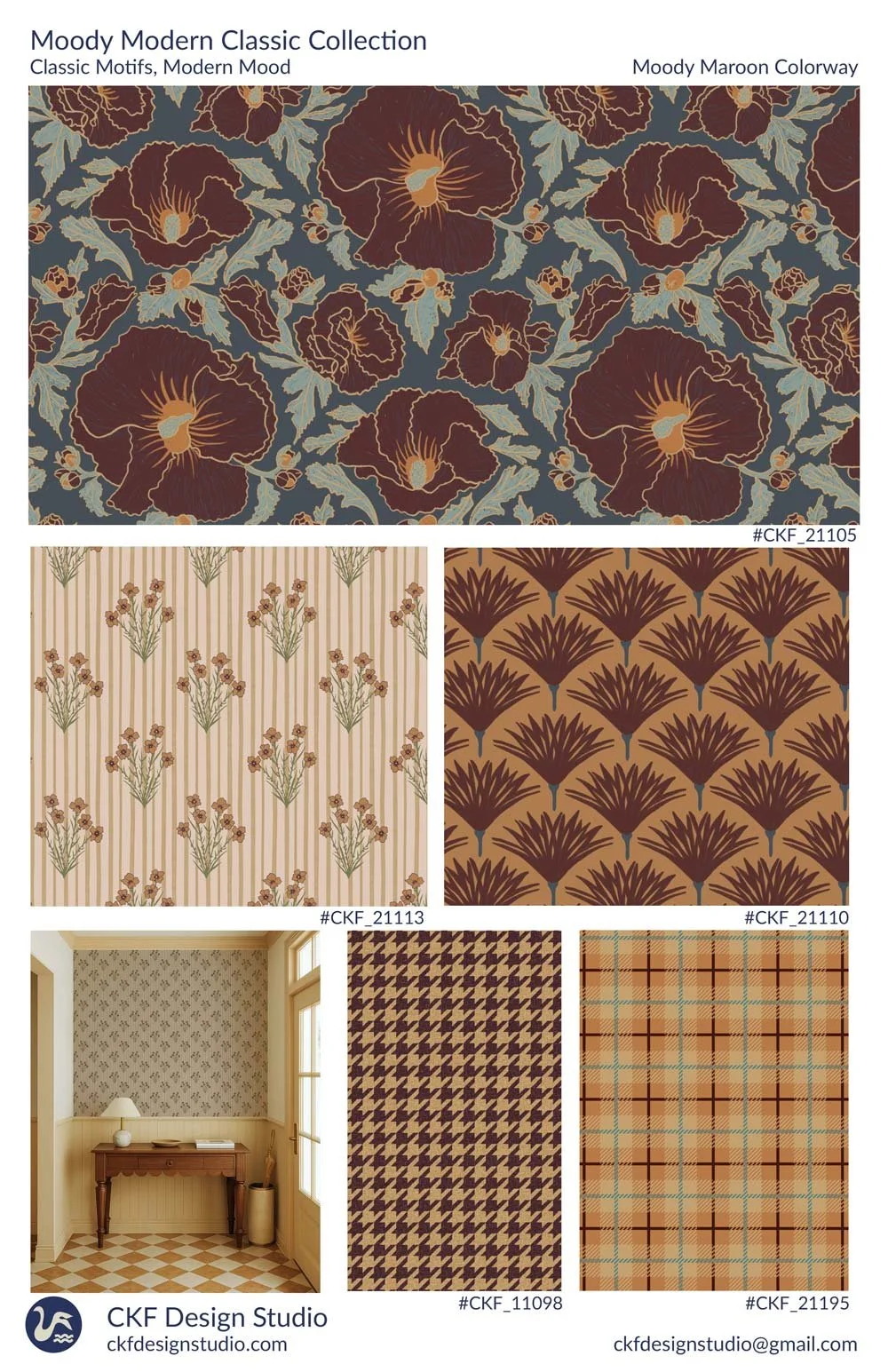 Dark moody heritage pattern sell sheet in maroon, camel, mustard, slate bue