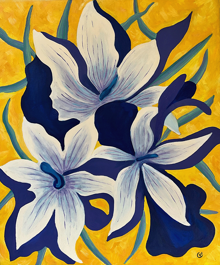white and bue lillies on a yellow background