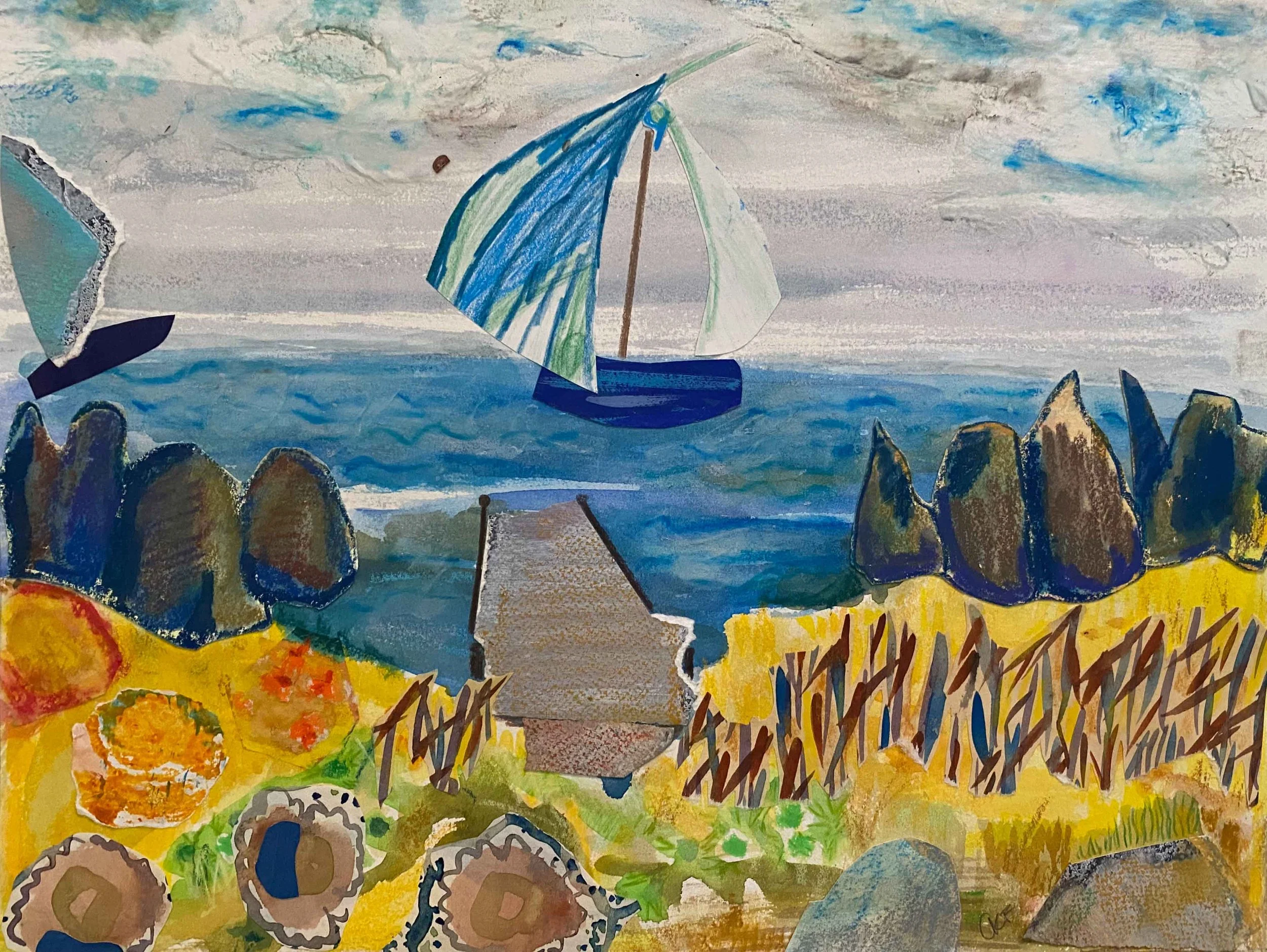 mixed media on paper featuring a sailboat, dock and shore