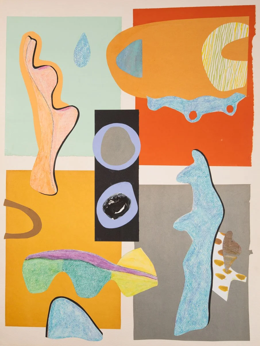 Abstract collage art featuring irregular shapes in bold and pastel colors. Shapes resemble organic forms, with some outlined in black, and a central black rectangle with two circles. The overall composition has a modern, artistic style.