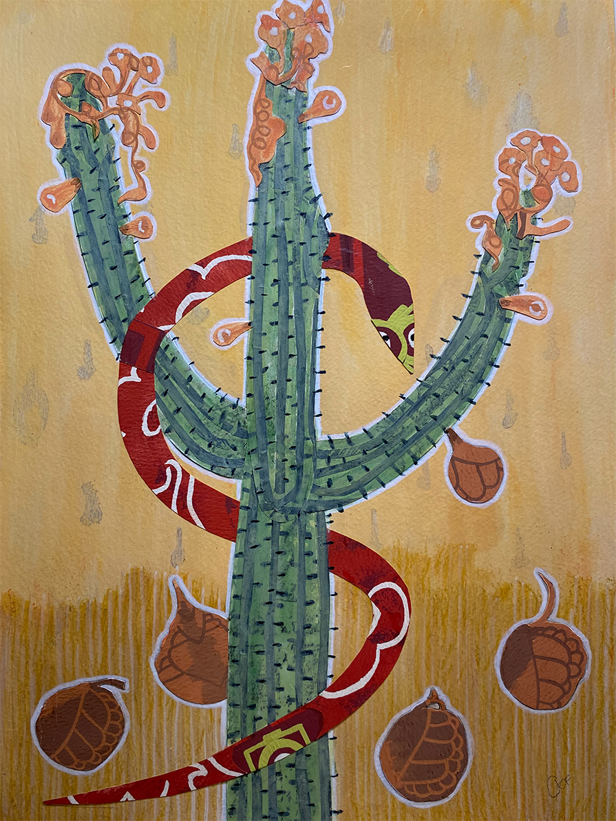 mixed media featuring a sguaro catus and a snake