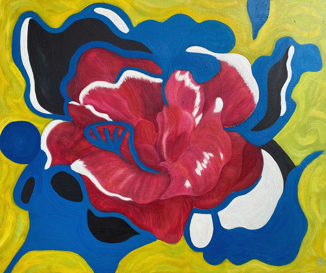 Rose with blue shadows on lime background