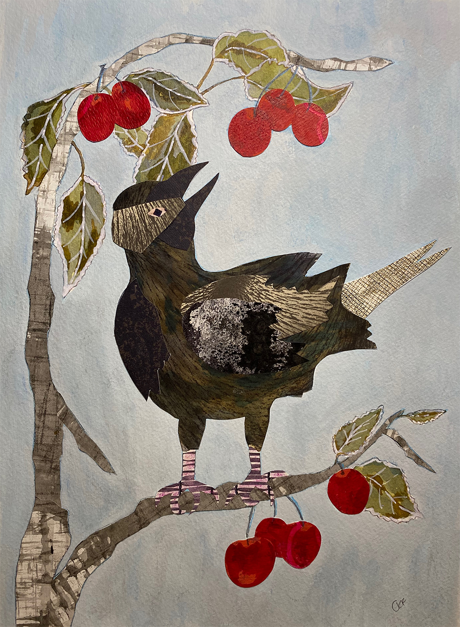 painted collage featuring a crow ina cherry tree