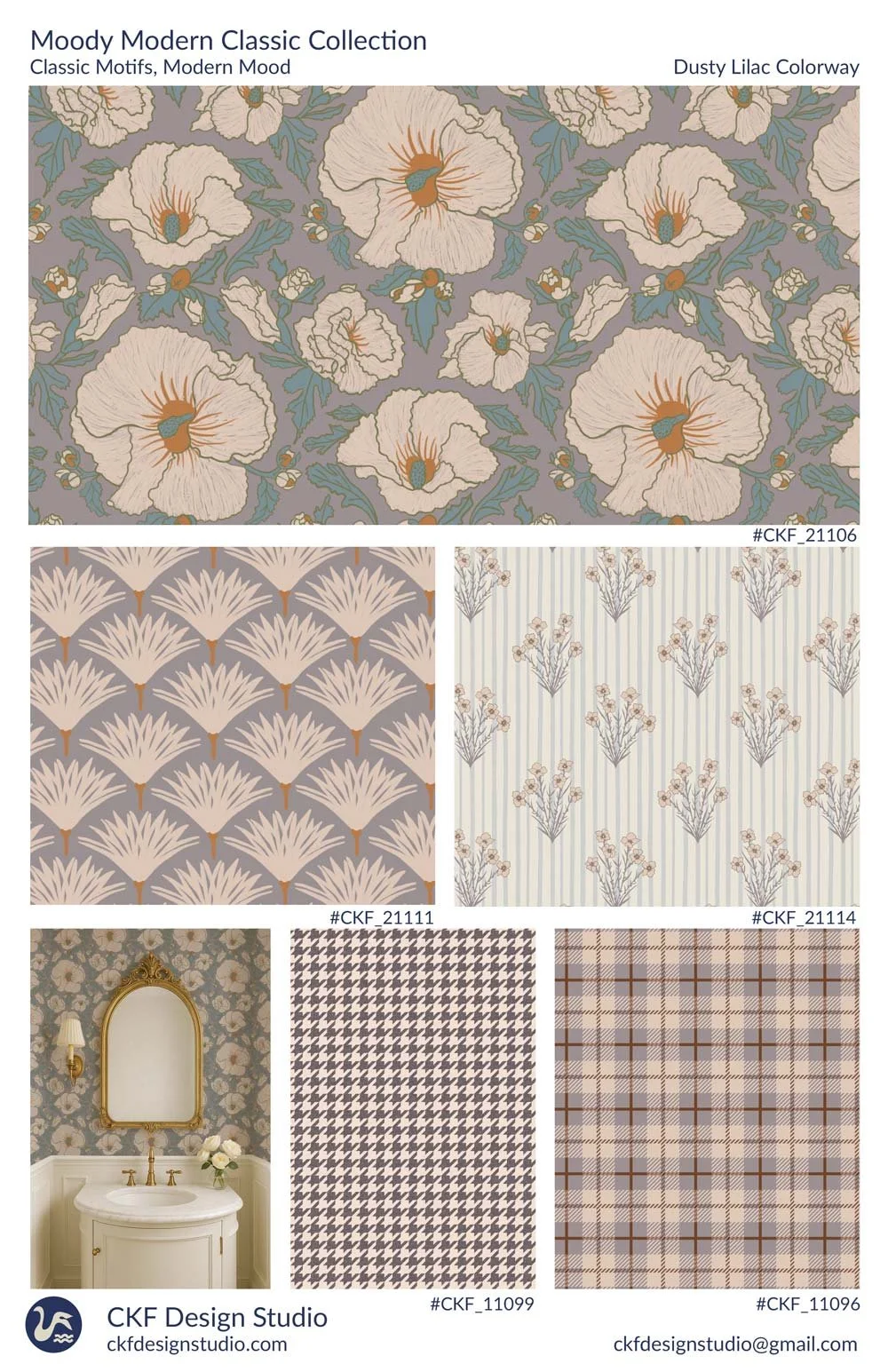 Dusty lilac sales sheet with patterns in cream, dusty rose, green and sky blue. Also flowers on a striped background, houndstooth pattern and a plaid.