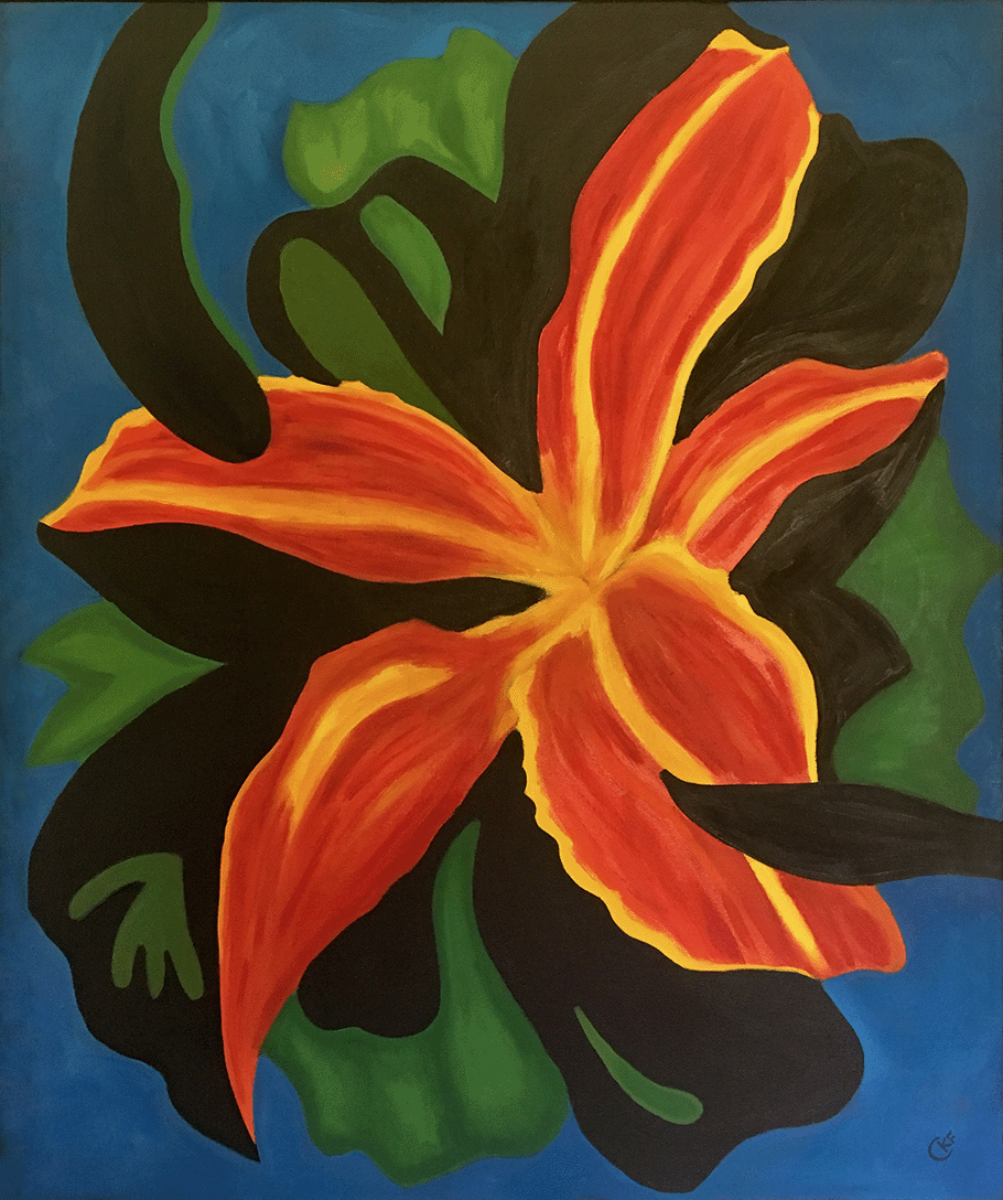 red amaryllis on a blue and green background. Painted in oil