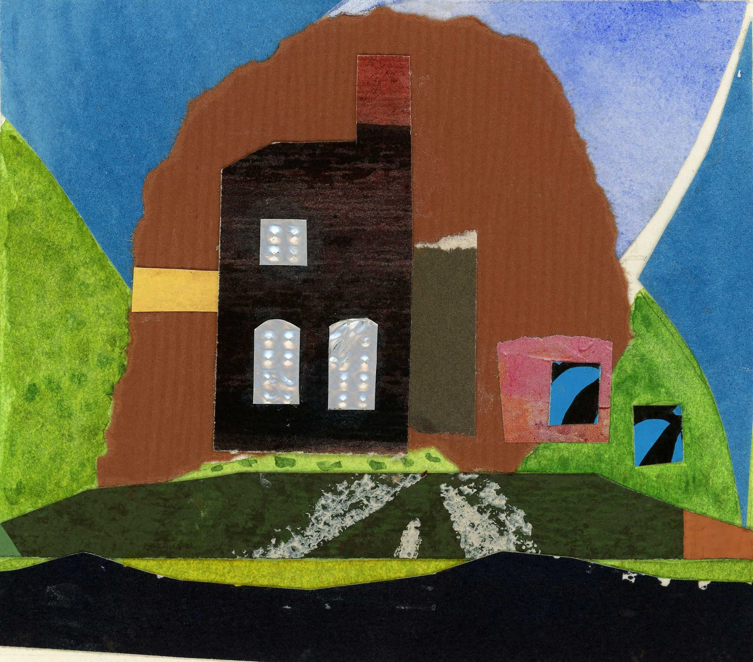 small mountain scape in watercolor and collage by Charlotte Kirkholt Ferri