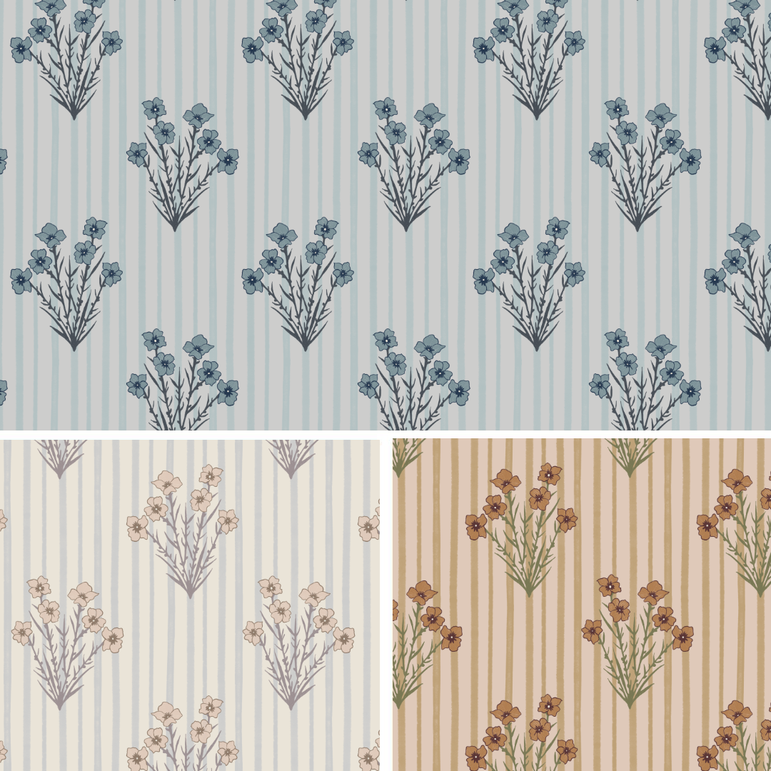 wallflowers, or erysimum cheiri in Latin are placed on stripes in a soft blue, dusty lilac and faded brown colorway