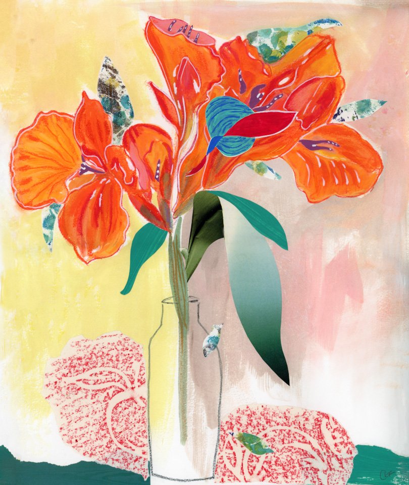Painted collage depicting a still life with orange lillies, teal leaves on a yellow and pink background
