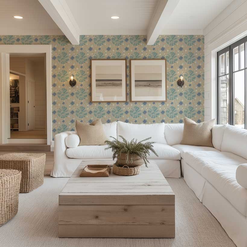 modern coastal wallpaper with algae, sea stars and dots in an abstract fromation in sand and blue colors