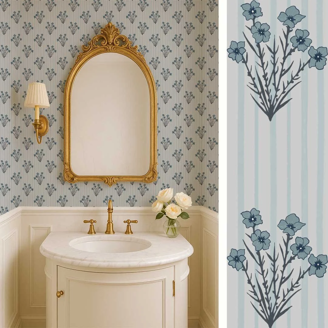 A photo of an elegant powderroom with the blue Wallflowers on Striped wallpaper in a hand painted style