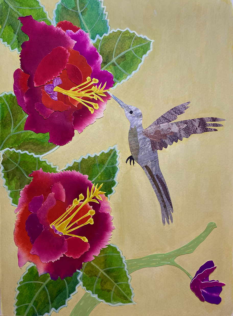 mixed media featuring a hummingbird and hibiscus