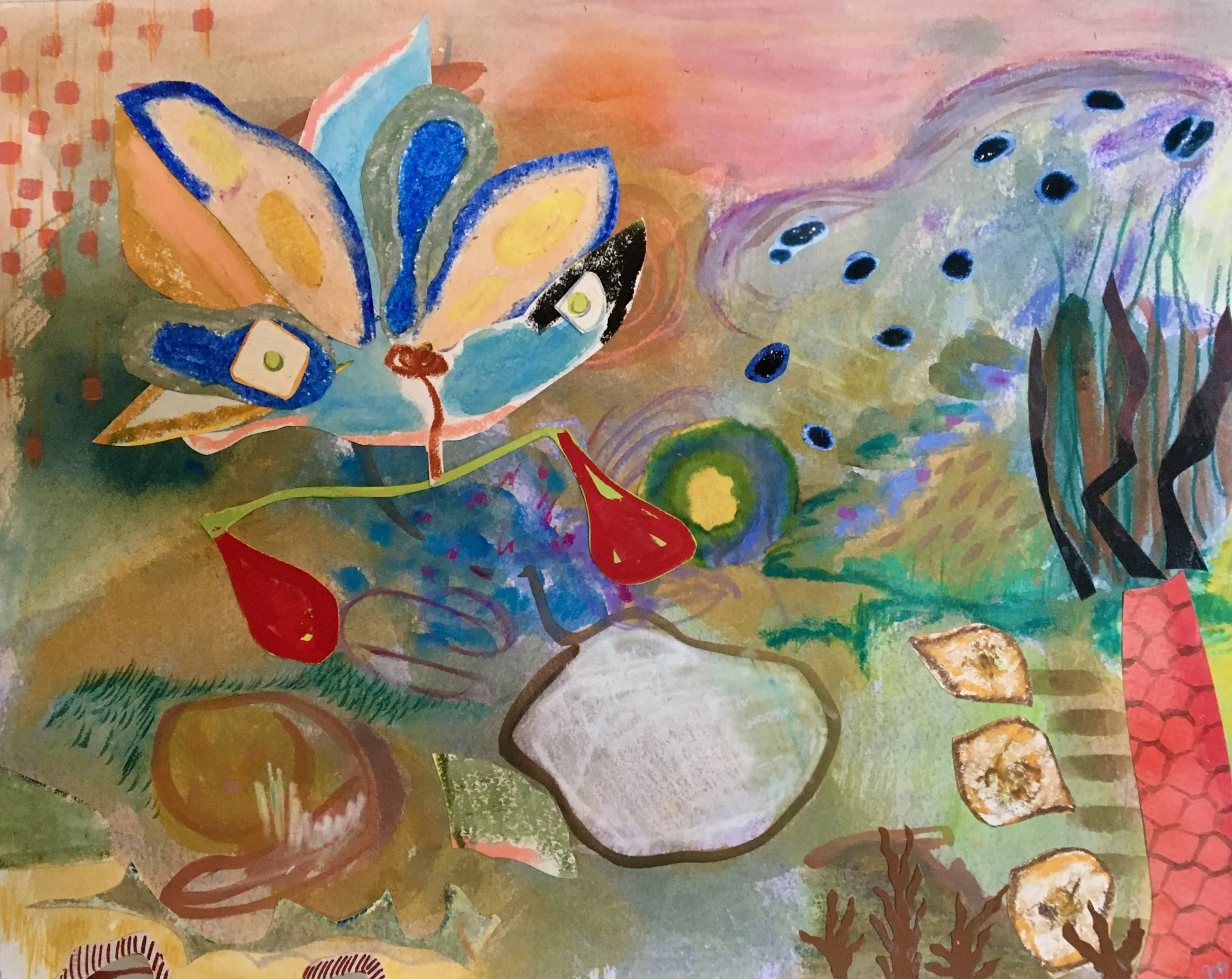 Colorful abstract artwork featuring a butterfly with orange, blue, yellow, and gray wings, surrounded by various shapes, patterns, and swirling colors.