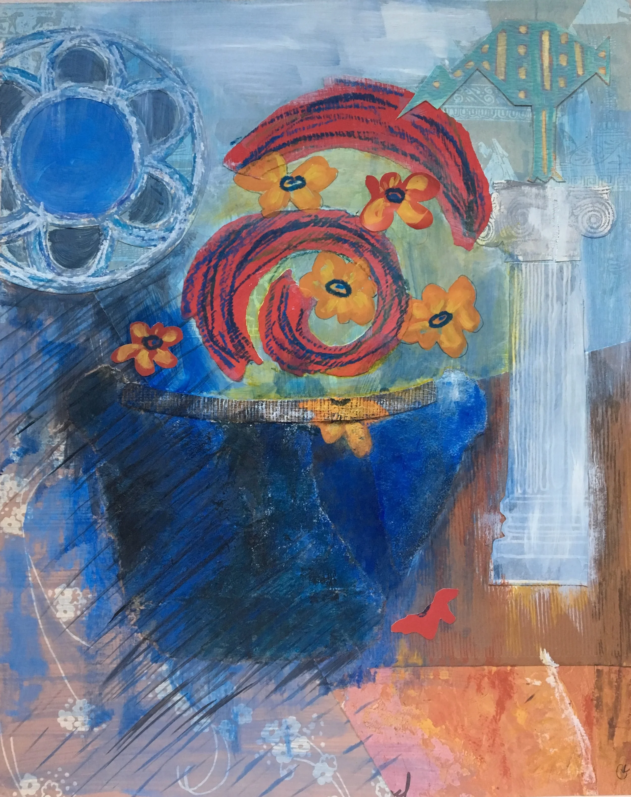mixed media collage with greek Skyfos vessel