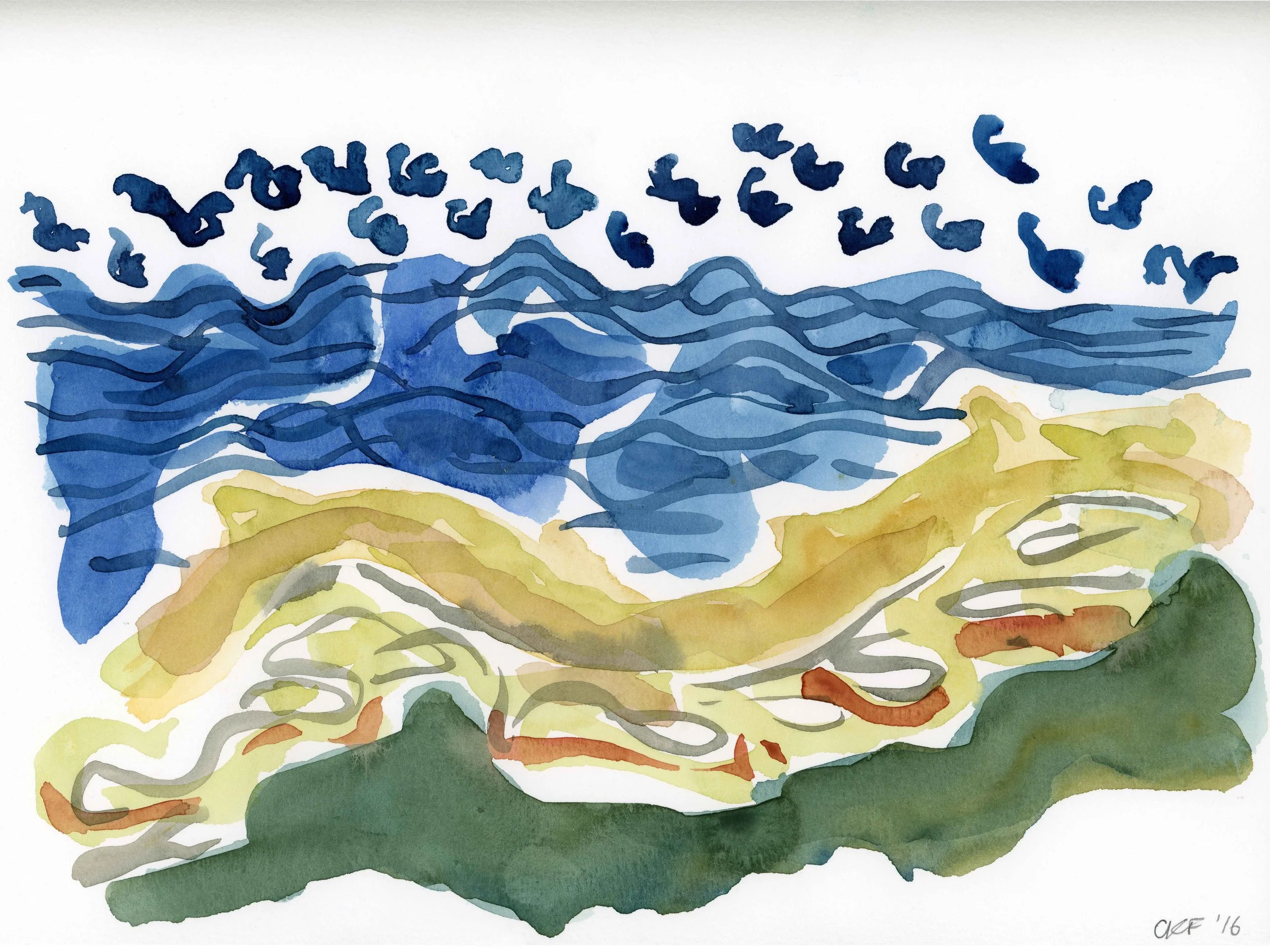 Watercolor painting of seagulls flying over the ocean with mountainous waves and sandy beach.