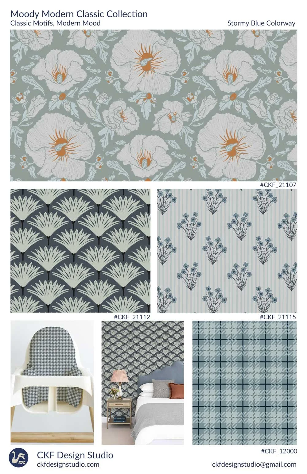 Dark Layered tradition for Modern Living pattern sell sheet with cream flowers, slate bue grassy fans, flowers on striped wallpaper, houdstooth, and plaid patterns
