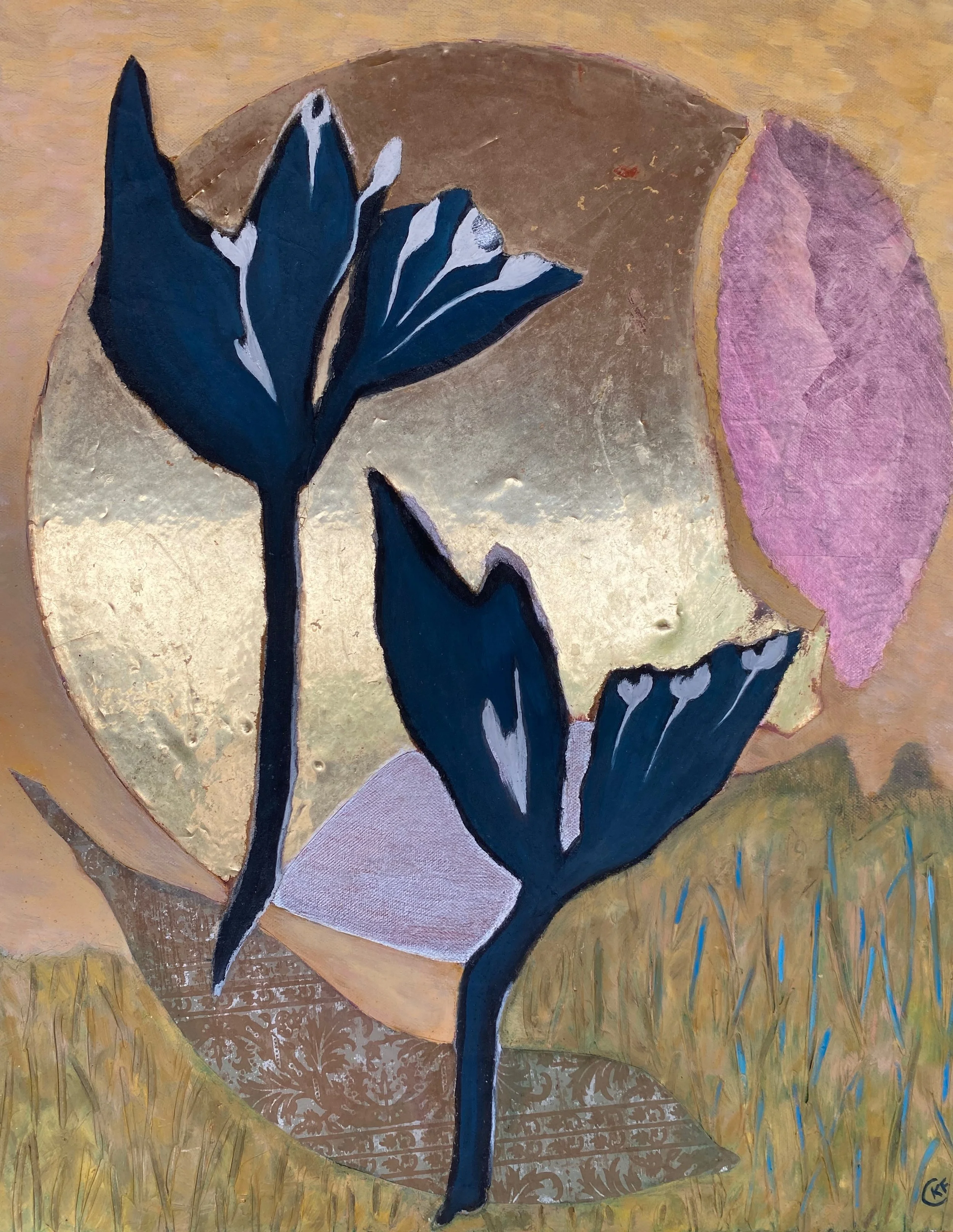 A stylized moxed media painting of two dark blue and white flower petals and a leaf inside a circular moon frame with a gold background.