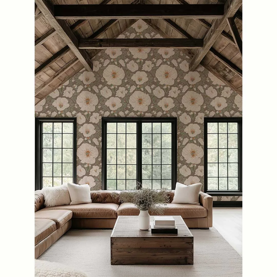 Dark Layered tradition for Modern Living pattern sell sheet with cream flowers, slate bue grassy fans, flowers on striped wallpaper, houdstooth, and plaid patterns