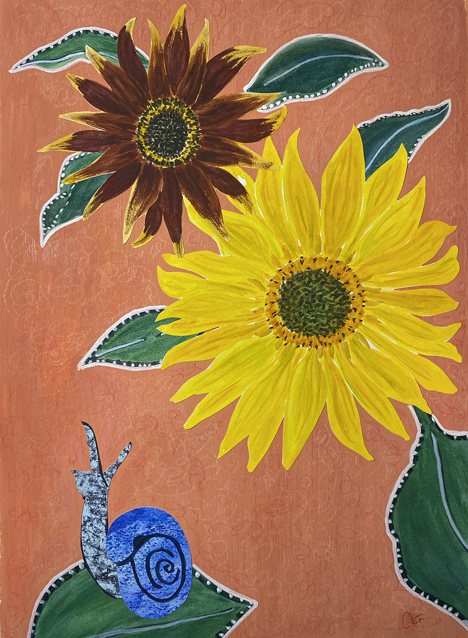 mixed media collage featuring a snail and sunflowers
