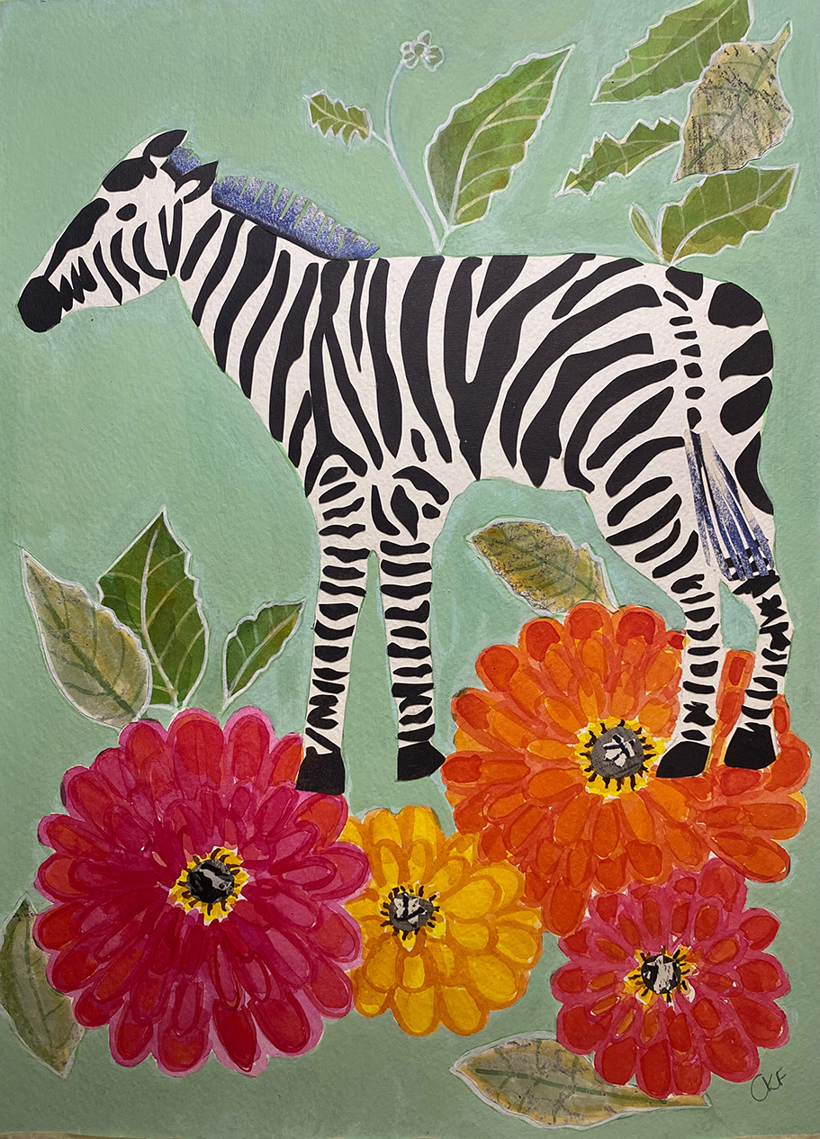 mixed media featuring a zeba and zinnias