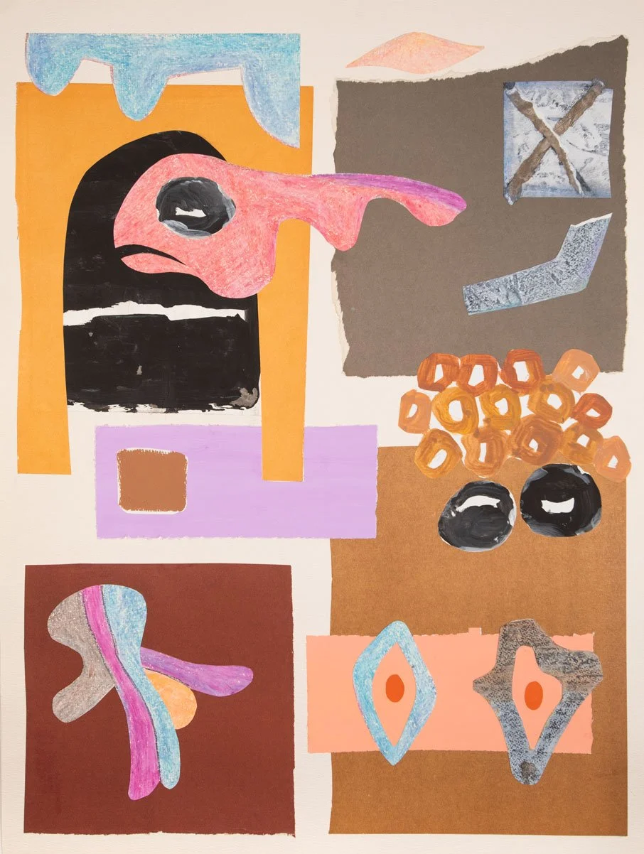 Abstract collage art with colorful shapes including organic black forms, orange circles, and geometric patterns on various backgrounds.