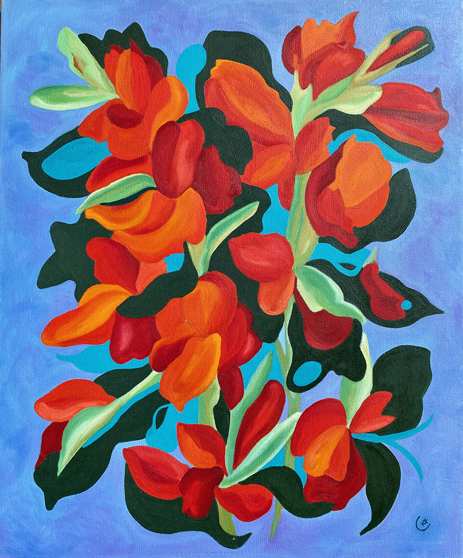 oil painting of red and orange flowers on a lilac background