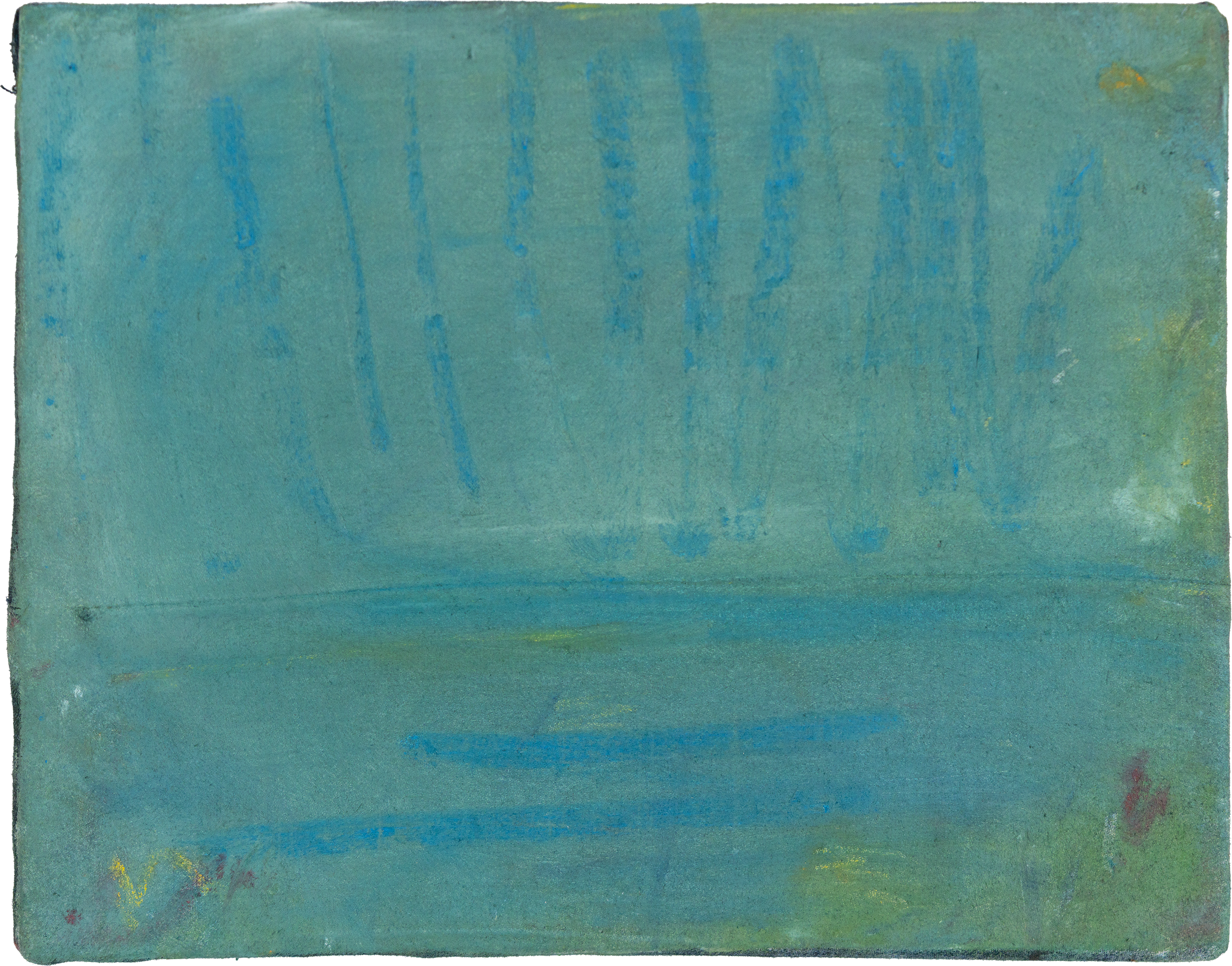 Mare orizzontale, cielo verticale o Marina | Olio su ritaglio di pantalone intelaiato | 26 x 20 cm | 2025
