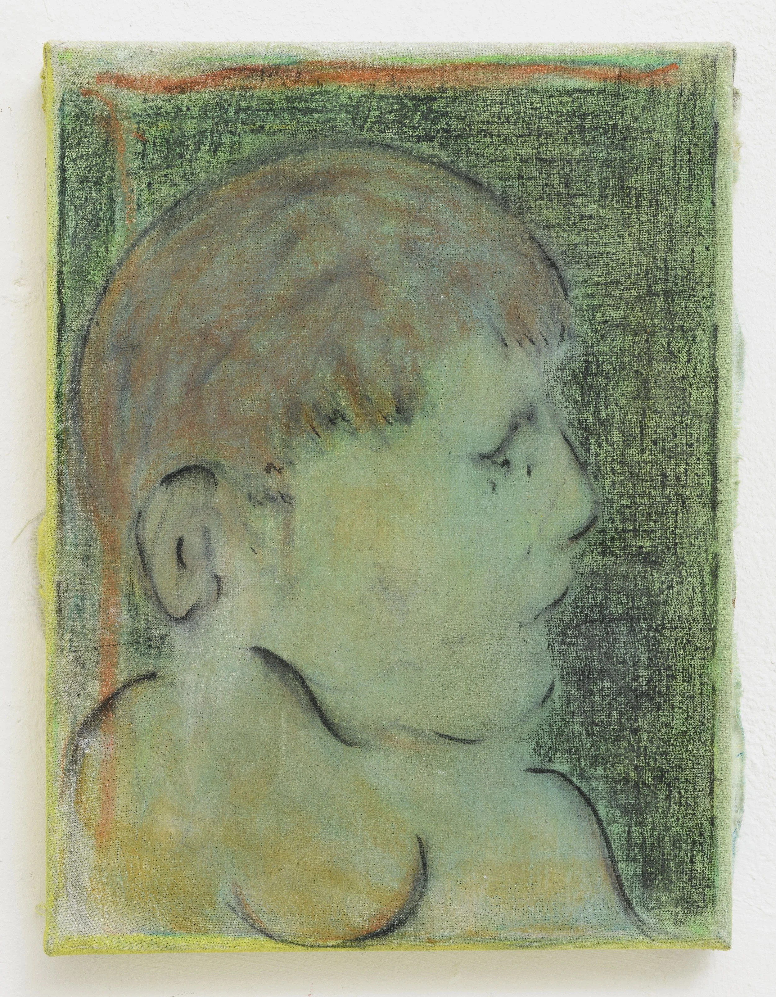 Ritratto dell’artista bambino o Verde | Tecnica mista su lenzuolo inteliato | 24 x 18 cm | 2025 | Photo Giorgio Benni