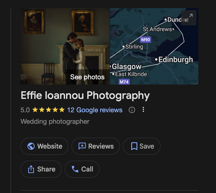 A wedding photographer's business profile showing a photo of a bride and groom inside a room with framed paintings and a fireplace, alongside a map of Glasgow, Scotland, with nearby towns like Stirling and Edinburgh.