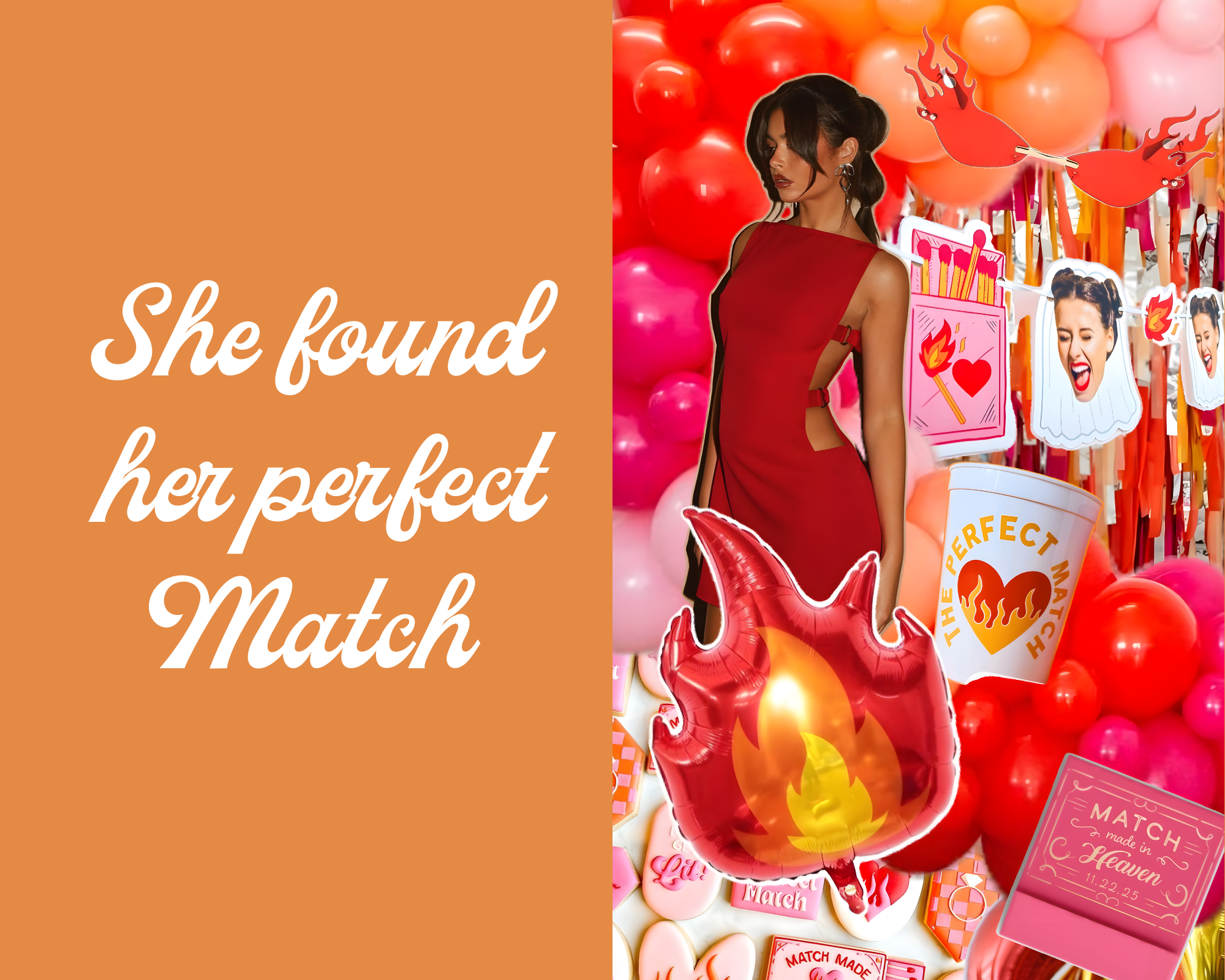 A woman in a red dress surrounded by Valentine's Day themed decorations, pink and red balloons, and a sign that reads 'The Perfect Match' with a heart and flame graphic.