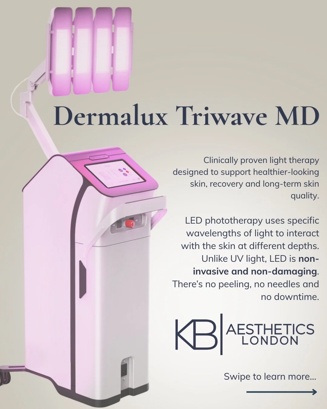 LED therapy, backed by clinical science. 💡

Dermalux Tri-Wave combines three clinically proven wavelengths of light, each selected for its specific effect on the skin.

From reducing inflammation and supporting the skin barrier, to stimulating colla