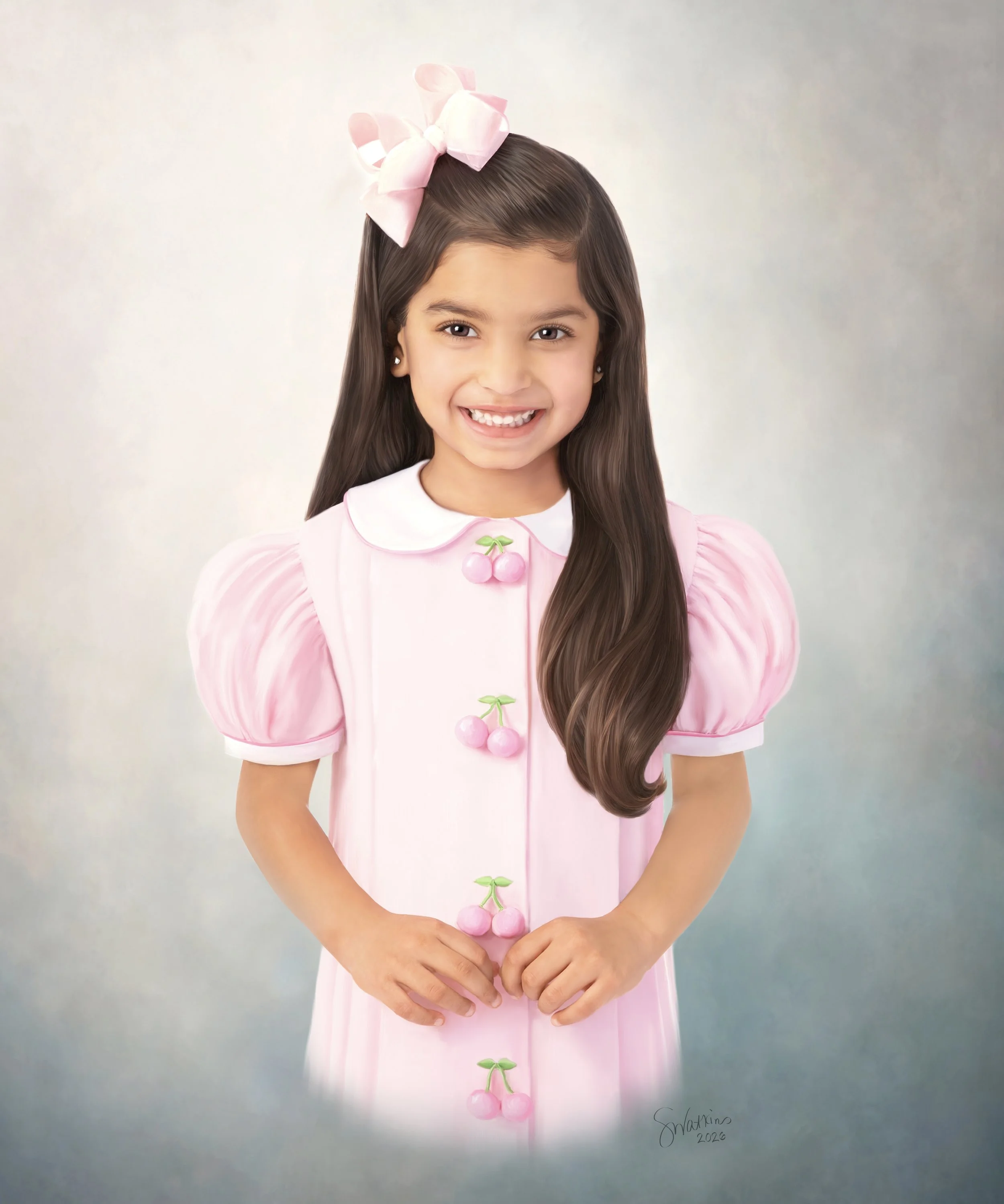 Smiling girl in a classic pink dress and matching hair bow for her children’s heirloom portrait.